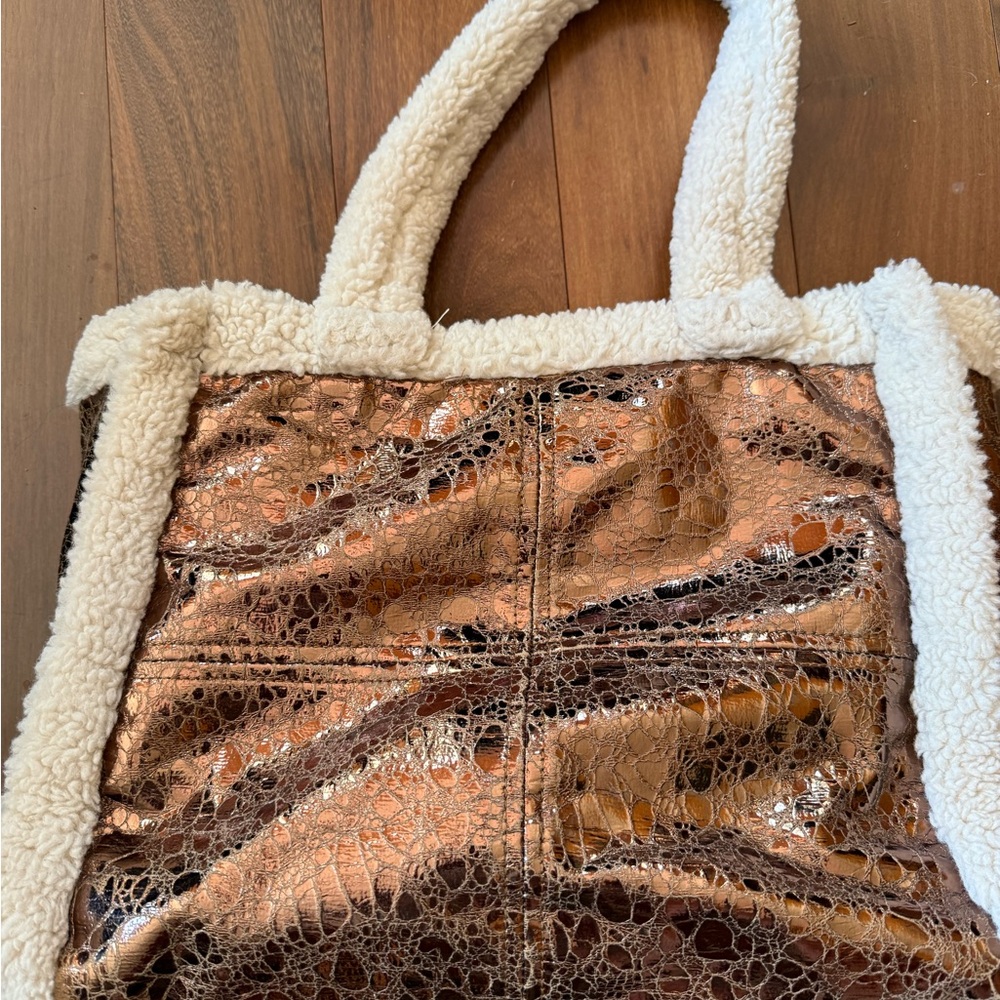 Anthropologie Metallic Bronze Tote Bag with Cream Sherpa lining and straps